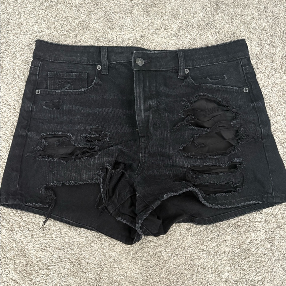 American Eagle Outfitters Black Distressed High-Rise Jean Mom Shorts
